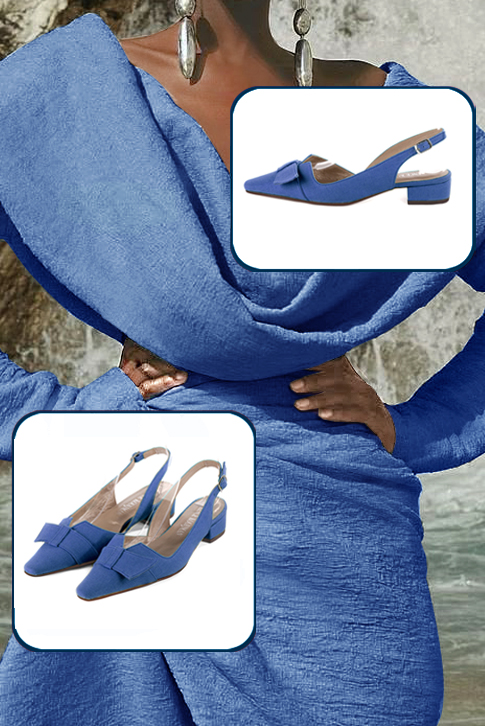 Women's electric blue elegant slingback heels, with a bow on the front. Tapered toe. Low block heels - Top view